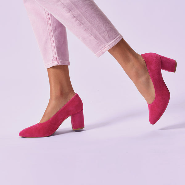 raspberry suede block heels
