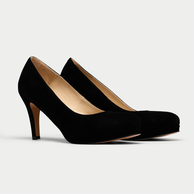 pair of black suede heels for bunions