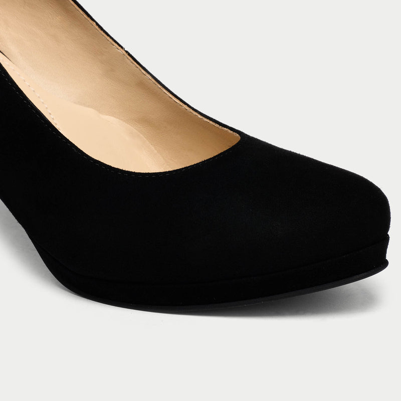 black suede heels toebox close up 