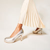 sophia silver leather heels for bunions on model